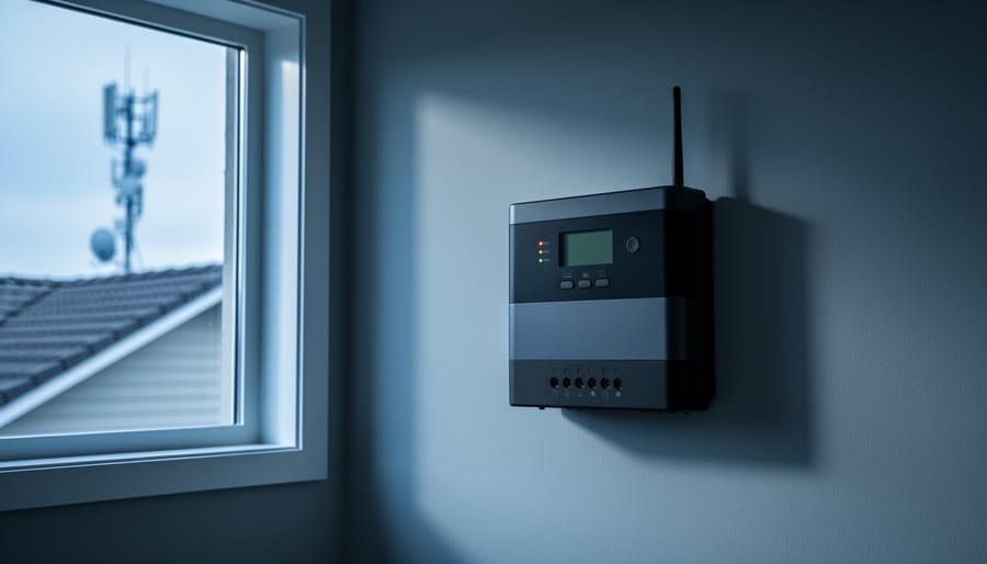 Unbranded modern solar charge controller with a small cellular antenna mounted on a utility room wall, cables routed to conduit, lit by cool side light; a softly blurred suburban rooftop edge and distant 5G cell tower appear through the window, hinting at connectivity vulnerabilities.