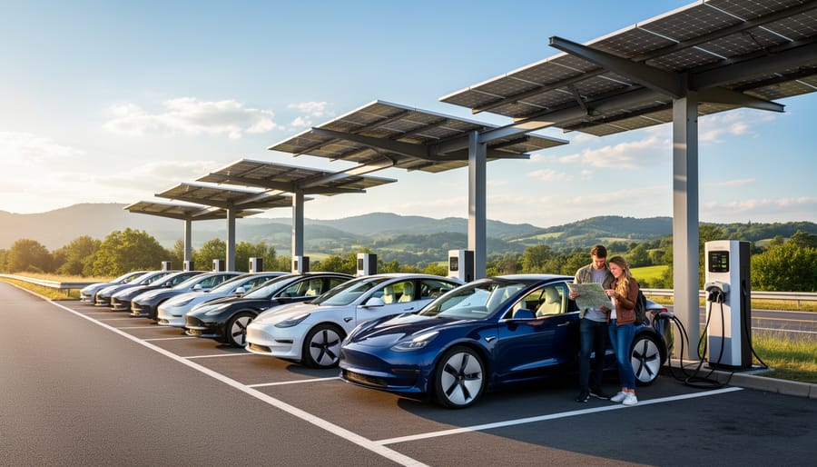 Electric vehicle charging at solar-powered station with open road in background