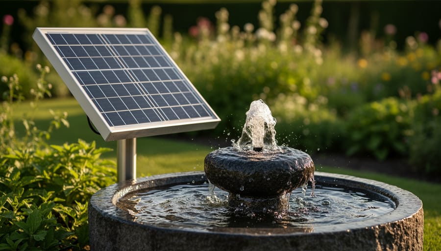 Close-up of solar panel connected to water pump showing fountain components