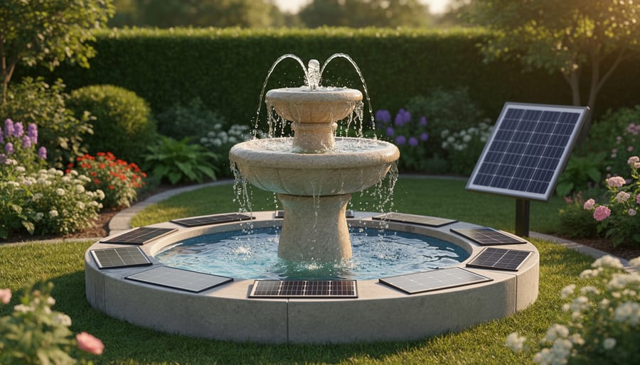 Solar fountain with flowing water in sunny garden setting surrounded by plants