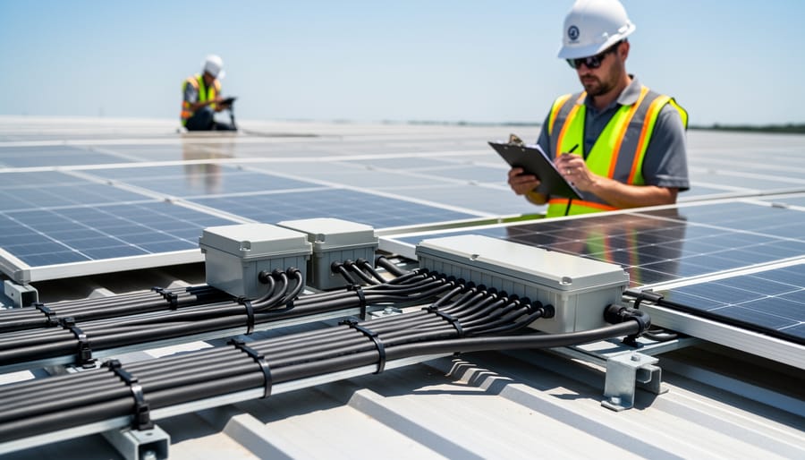 Electrical inspector examining rooftop solar panel installation and wire management