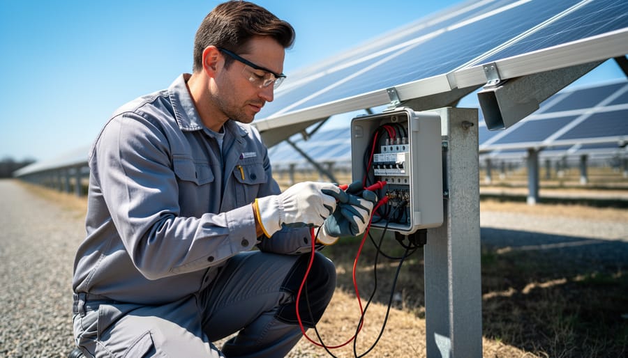 Technician kneels at a ground-mounted solar array, attaching handheld meter leads to a junction box in bright midday sun, sharp focus on hands and device with rows of panels and blue sky softly blurred behind, no visible text or logos.