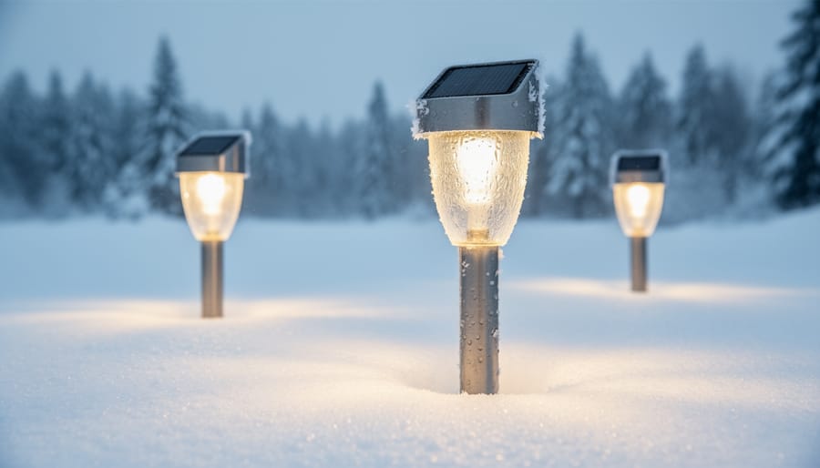 Frosted solar garden light illuminated in winter conditions with snow