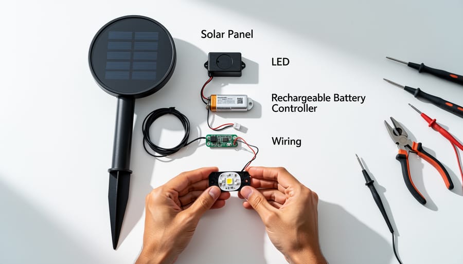 Internal components of solar area light showing battery pack and LED assembly