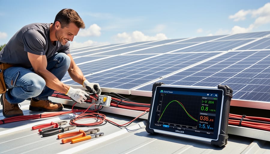Person using handheld solar monitoring device next to photovoltaic panel