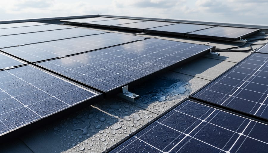 Solar panels on residential roof showing shaded areas underneath the panels