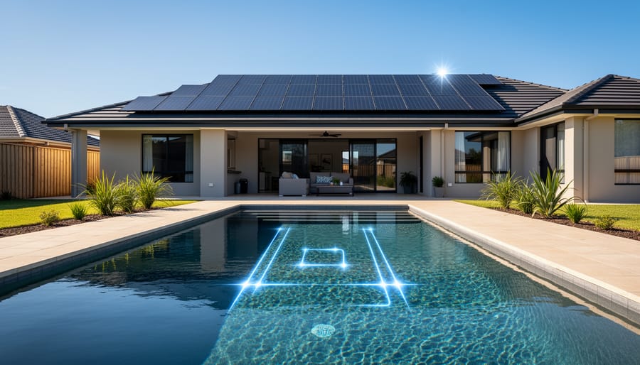 Residential swimming pool with solar panels visible on house roof in background