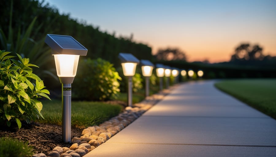 Solar pathway lights illuminated at dusk in garden setting