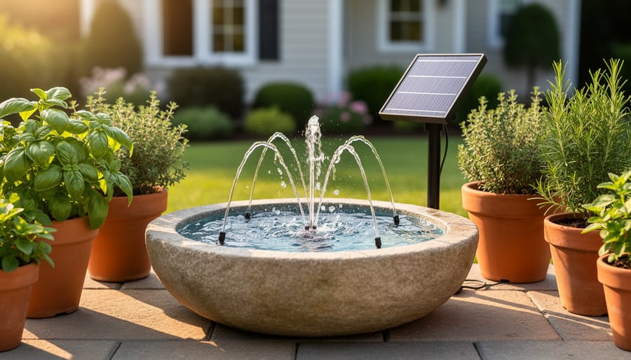Compact solar panel on a stake powering a round stone garden fountain with arcing water on a patio, potted herbs nearby, photographed at eye level in warm golden hour light with a softly blurred yard and house in the background.