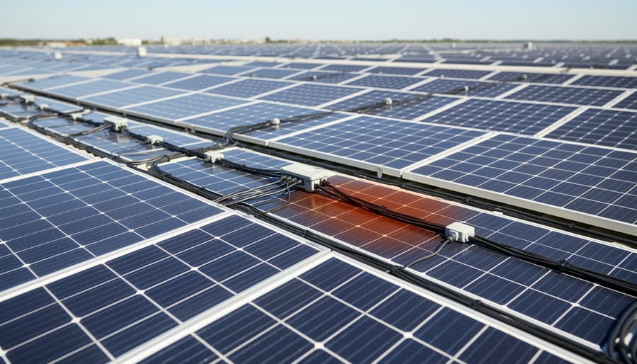 Multiple solar panels connected in series showing electrical string configuration