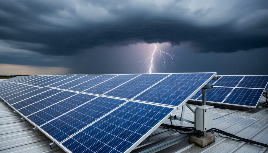 Solar panels on roof with threatening storm clouds approaching