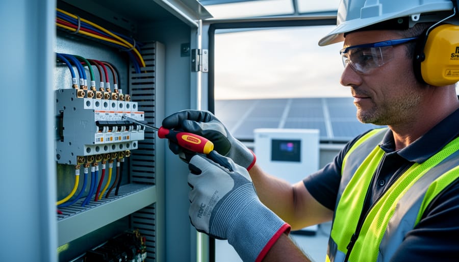 Electrician wearing PPE torquing terminals on a three-phase breaker inside a commercial electrical panel next to a solar inverter with an insulated screwdriver, rooftop solar array blurred in the background under soft daylight.