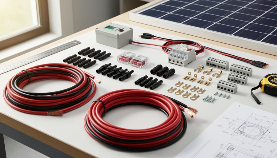 Solar wiring components including copper cables, MC4 connectors, and fuses arranged on workbench