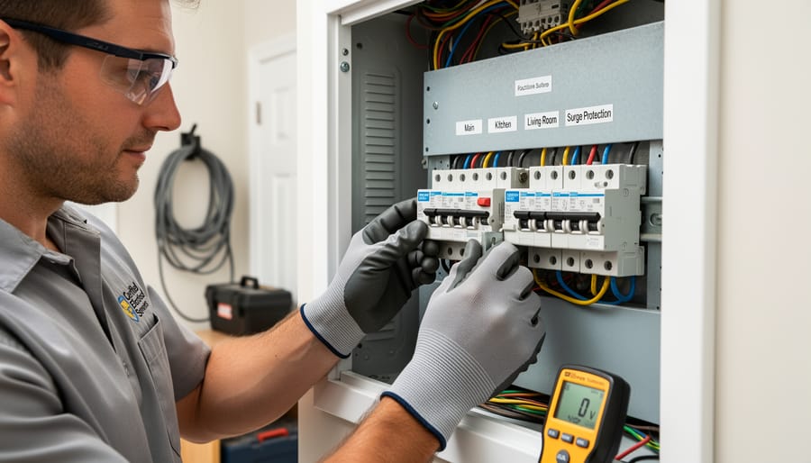 Electrician installing circuit breaker in electrical service panel