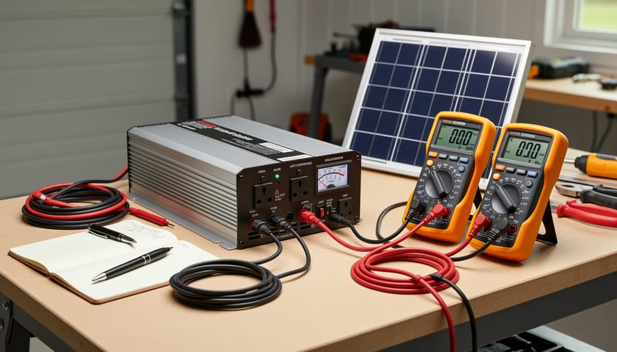 Person using digital multimeter to test solar panel connections