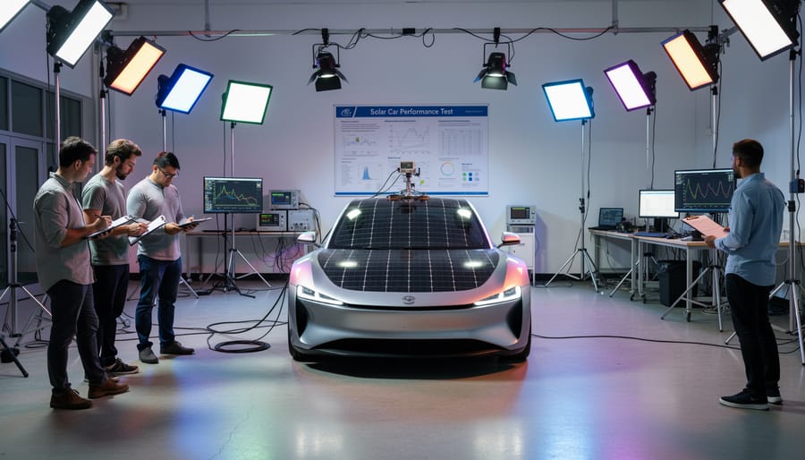Student testing solar-powered car under lamp light during science fair project