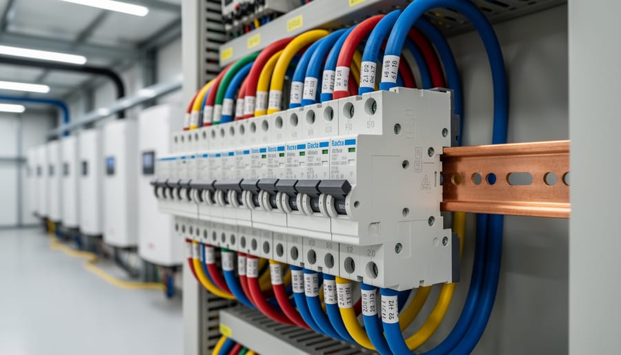 Three-phase circuit breaker panel showing multiple breakers mounted on metallic rail