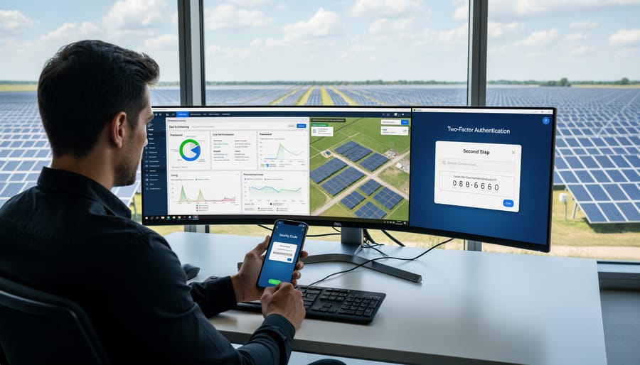 Person using two-factor authentication on smartphone while accessing solar monitoring system