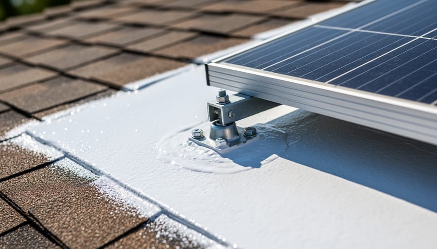 White UV roof coating being applied around solar panel mounting bracket on roof