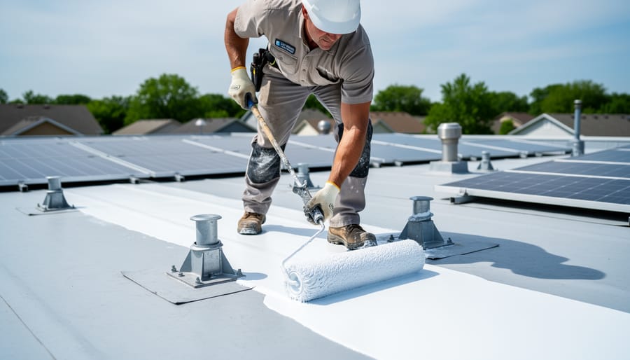 Contractor using a long-handled roller to apply white UV-reflective coating around rooftop solar panel mounting points on a flat garage roof, with installed panels and vent pipes in softly blurred background under overcast daylight.