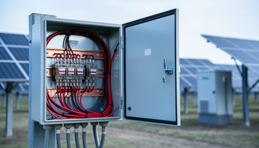 Open 1500V DC solar combiner box with door ajar, showing internal fuses, bus bars, and organized wiring; ground-mounted solar panels and conduit blurred in the background under soft overcast light.