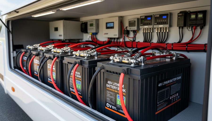 Close-up of lithium battery bank with electrical connections for 48V solar system