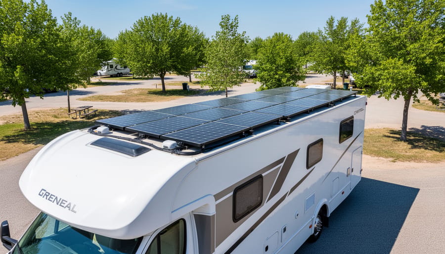 Multiple solar panels installed on RV rooftop with desert landscape in background