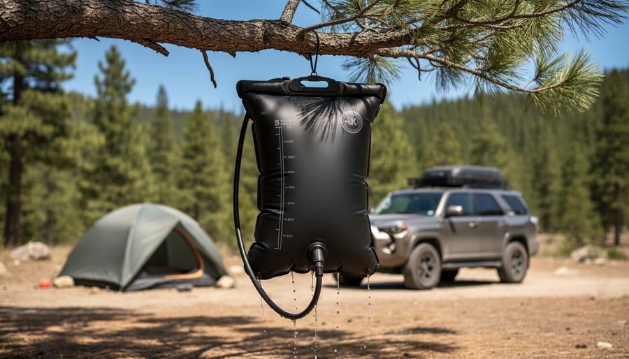 Matte black 5-gallon solar shower bag hanging from a pine branch at a campsite, with hose and shower nozzle dripping in bright midday sun; tent, SUV roof rack, and pine forest softly blurred in the background.