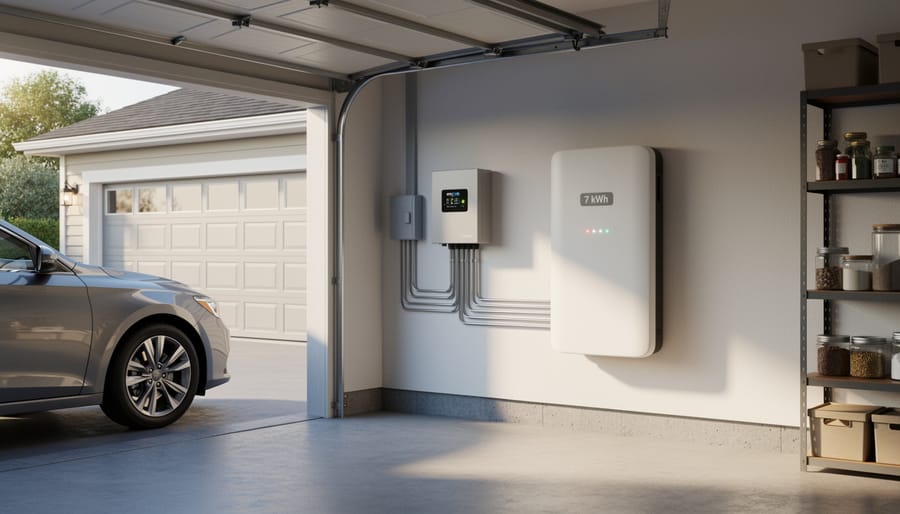 Lithium battery bank mounted on garage wall for home solar energy storage