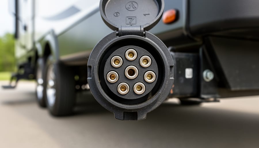 Close-up of 7-pin RV electrical connector showing circular pin arrangement