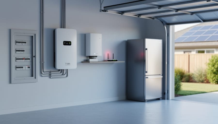 Wall-mounted 7 kWh lithium home battery in a residential garage next to a solar inverter and electrical panel, with a refrigerator, router, and rooftop solar visible in the softly lit background.