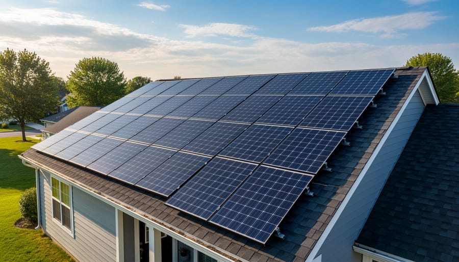 Complete 8 kW solar panel system installed on residential roof showing panel layout
