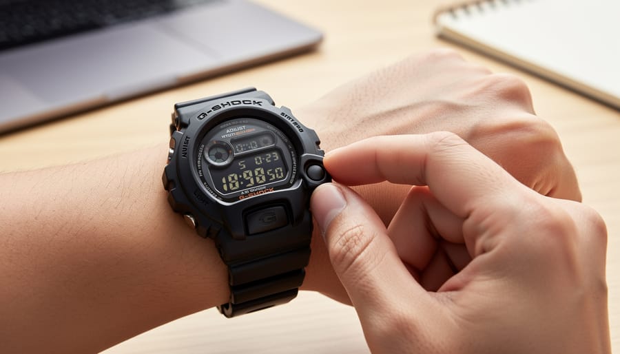 Hand adjusting time on G-Shock watch using side buttons