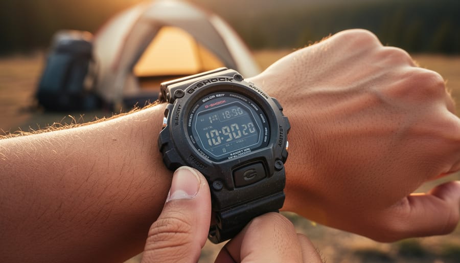 Close-up of a rugged black solar-powered digital G-Shock-style watch on a wrist with a finger pressing the lower-left adjust button, lit by warm sunset light, with a softly blurred campsite, tent, and backpack in the background.