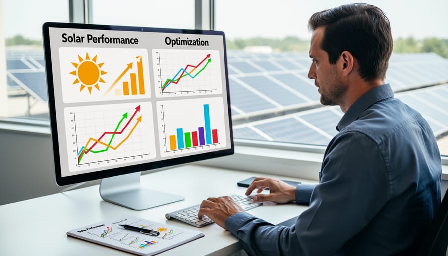 Person reviewing solar energy production data on tablet with solar panels in background