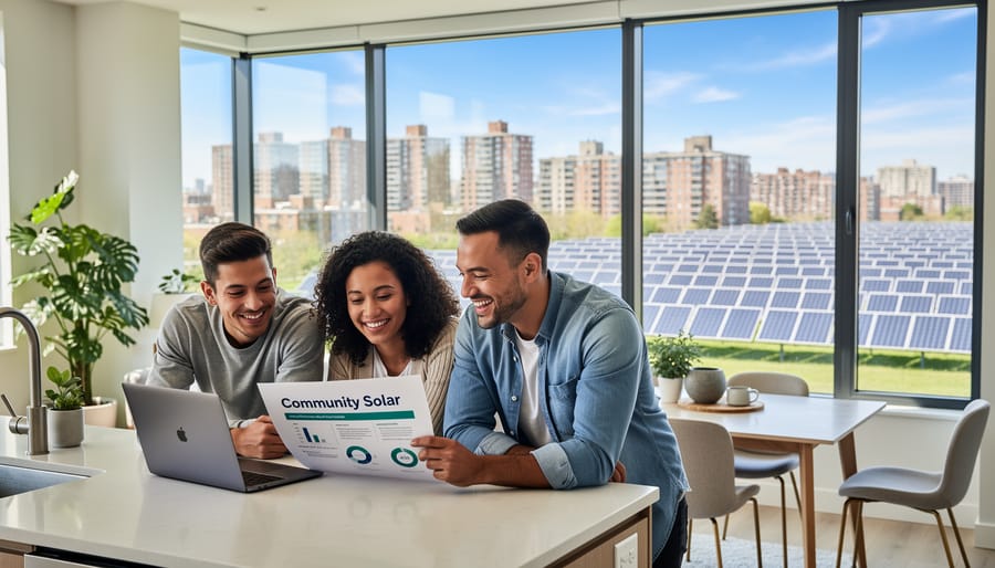 Diverse group of apartment residents on balcony representing community solar subscribers