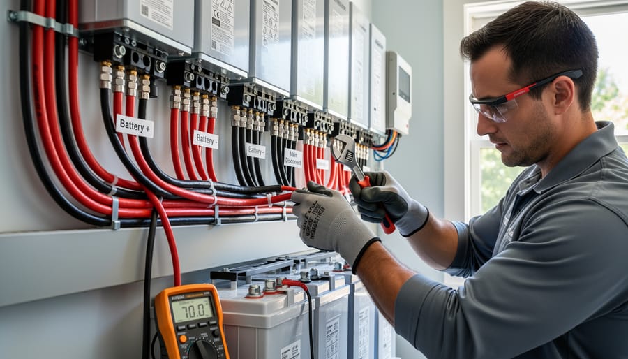 Close-up of hands connecting battery cables during solar system installation