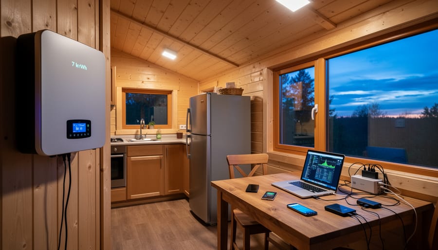 Small cabin kitchen with appliances and lights powered by battery system at night
