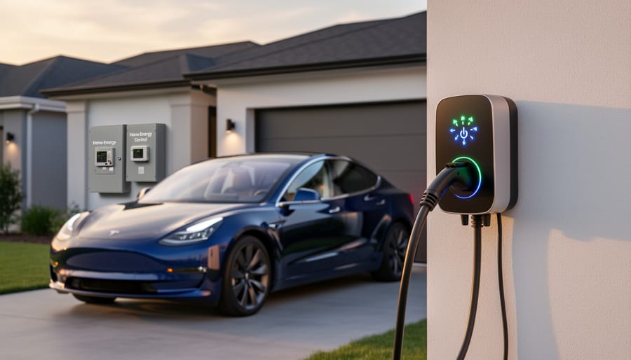 Close-up of bidirectional EV charger unit mounted on residential garage wall