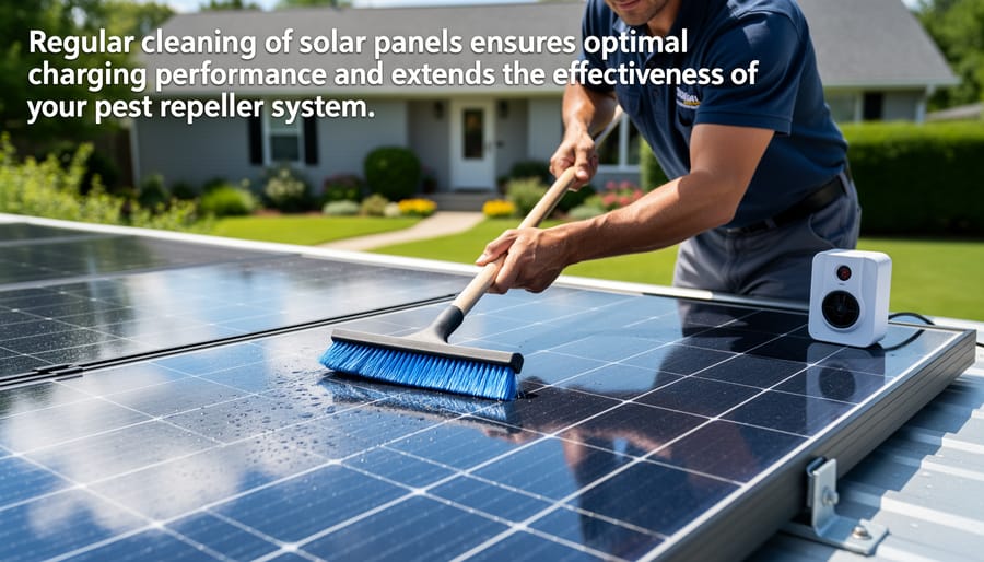 Hands cleaning solar panel on pest repeller device with microfiber cloth
