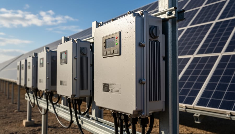 Commercial solar inverter unit mounted on exterior wall showing weatherproof housing