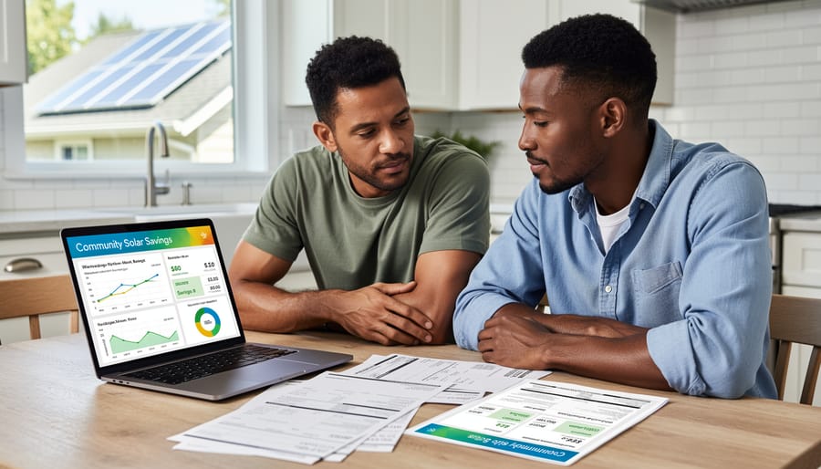 Person reviewing electricity bill and calculator with solar panel in background
