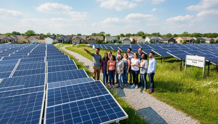 Large community solar farm with rows of solar panels in desert landscape under blue sky