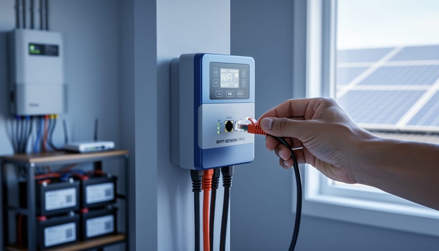 Close-up of a person unplugging an Ethernet cable from a wall-mounted MPPT solar charge controller in a home utility room, with inverter, battery bank, and router blurred in the background and rooftop panels visible through a window.