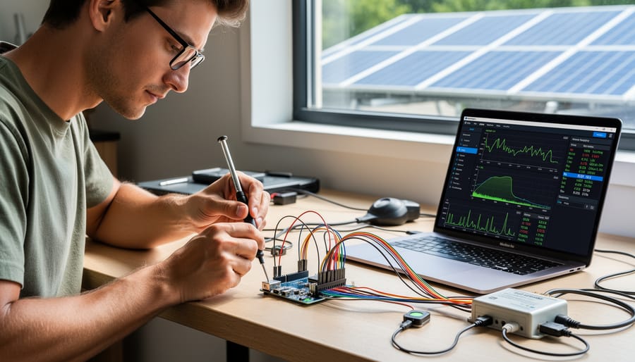 Arduino microcontroller with solar monitoring sensors on workbench
