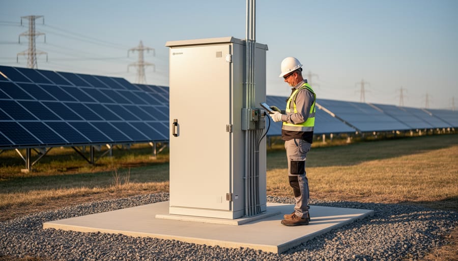 DIY installer in safety gear inspecting a large commercial solar inverter cabinet on a concrete pad beside rows of solar panels at golden hour, with softly blurred background.