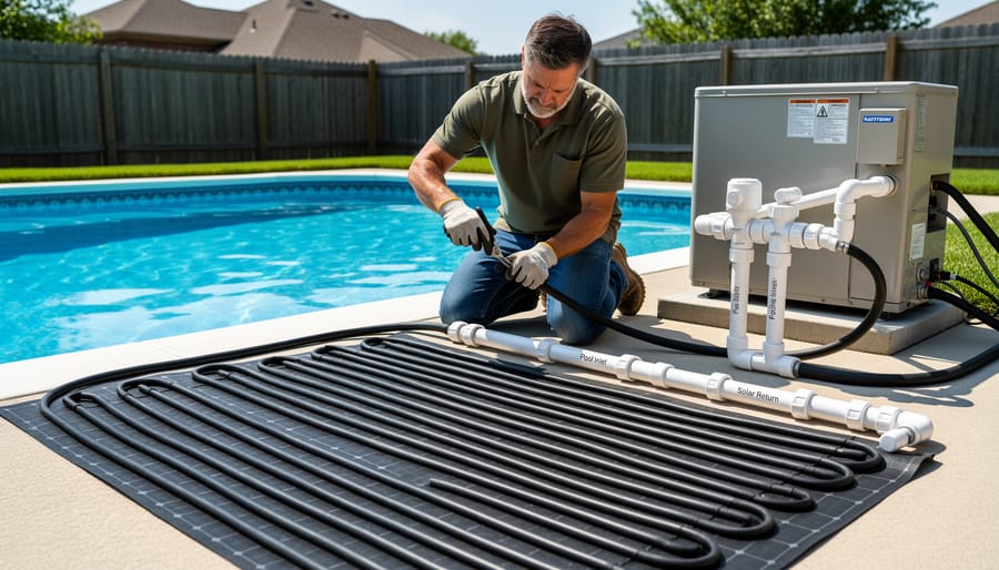 Homeowner installing plumbing connections on solar pool heating mat system