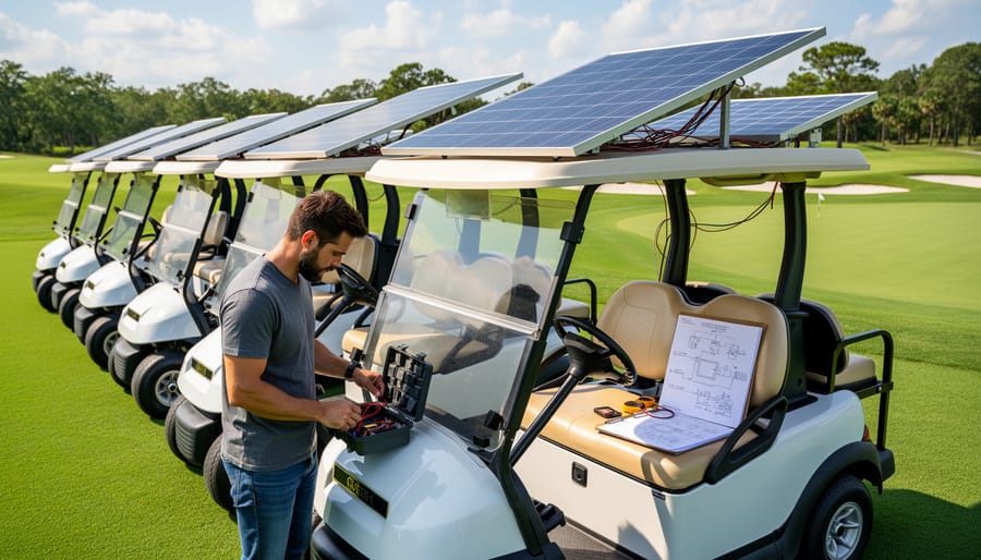 Solar-powered golf cart with rooftop panels parked in residential driveway