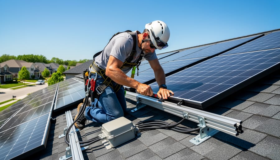 Homeowner installing solar panel mounting hardware on residential roof during DIY installation
