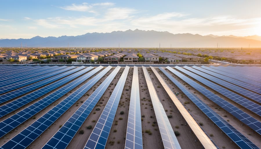 Community solar farm with rows of blue panels in a sunny Southwest desert, suburban homes and distant mountains in the background at golden hour.